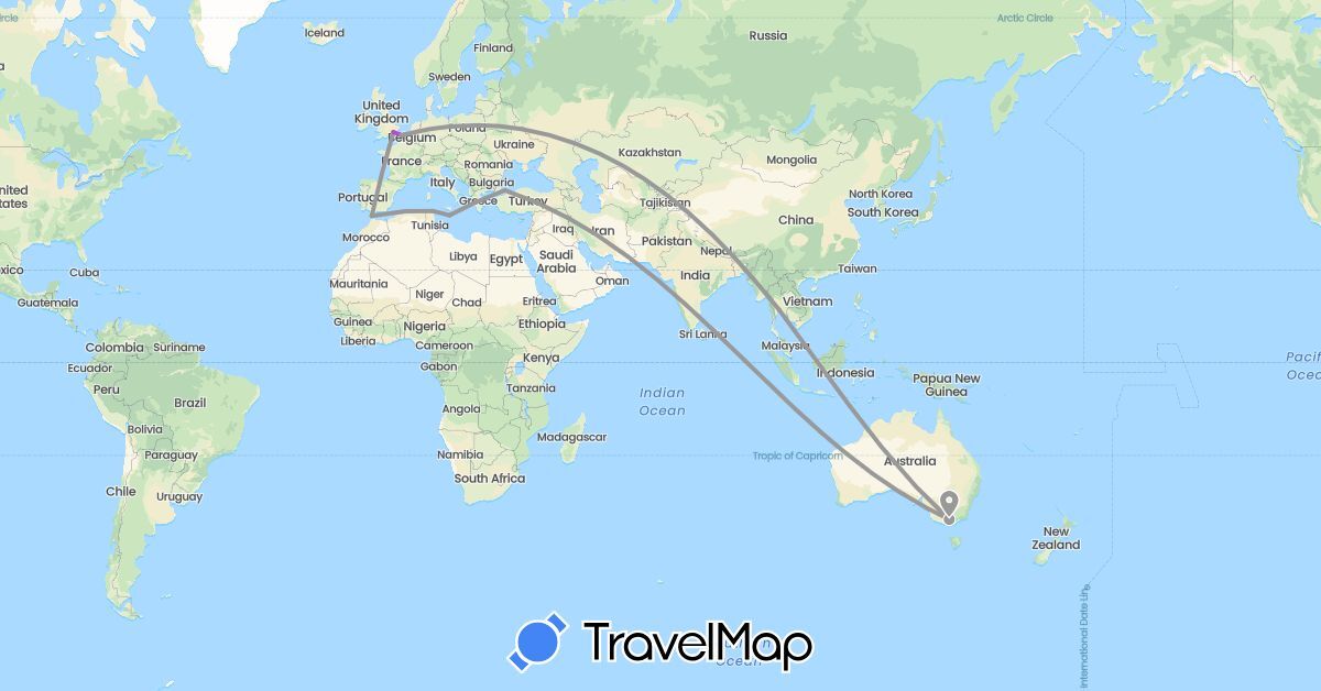 TravelMap itinerary: driving, plane, train in Australia, Algeria, France, United Kingdom, Morocco, Malta, Thailand, Tunisia, Turkey (Africa, Asia, Europe, Oceania)