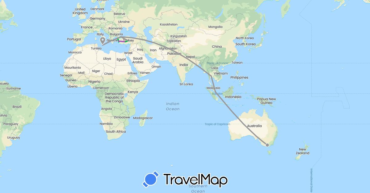 TravelMap itinerary: driving, bus, plane, train in Australia, Malta, Singapore, Thailand, Turkey (Asia, Europe, Oceania)