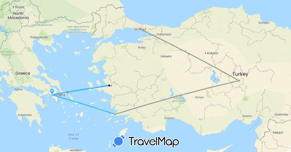 TravelMap itinerary: driving, plane, boat in Greece, Turkey (Asia, Europe)